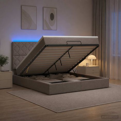 vidaXL Lit coffre avec matelas et LED Taupe 140 x 190 cm Tissu (1/5)