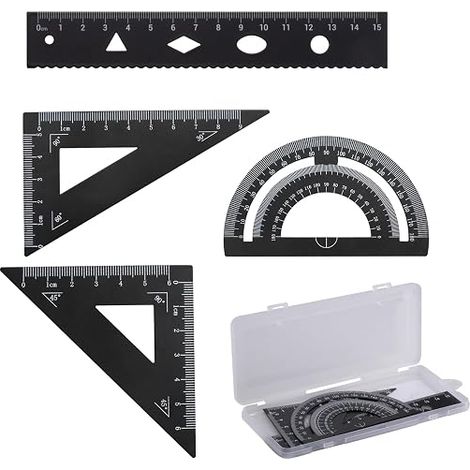 4 Piece Aluminium Geometry Kit Ruler 15 cm 180° Protractor 60° Triangle 45° Triangle for Students Architects Engineers and Draftsmen Black (1/5)
