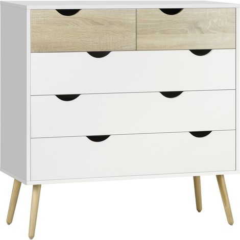 HOMCOM Skandinavische Kommode mit 5 Schubladen, Weiß, Schlafzimmermöbel aus Spanplatte, 99 x 39 x 101 cm, Eichenoptik hell