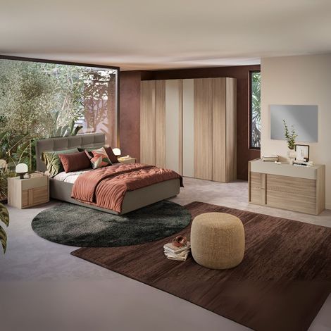 Dormitorio completo con cama de almacenaje y armario de 6 puertas en nogal y talco - Faba (1/3)