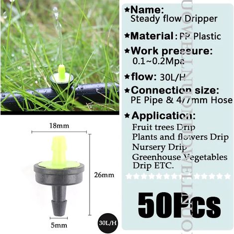 (30L) 50 goutteurs à compensation de pression, autonettoyants, avec régulateur d'eau pour tuyau d'irrigation goutte à goutte et système de régulation d'eau. (1/5)