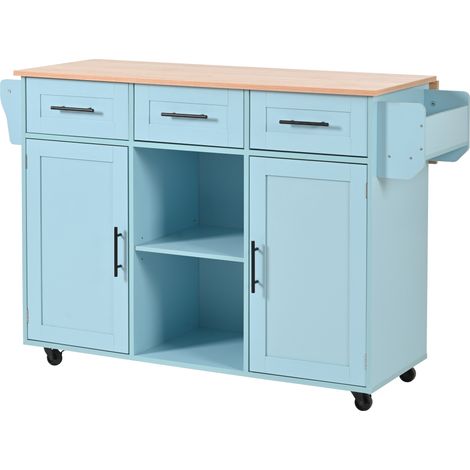 Îlot de Cuisine Desserte à Roulettes Bleu avec Plateau Pliant en Bois, Chariot de Service Rangement (1/5)