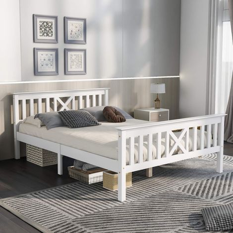 Lit double 140x200 cm blanc en pin massif et MDF, tête de lit en X, espace de rangement sous lit, sommier à lattes en bois massif inclus, sans matelas (1/5)