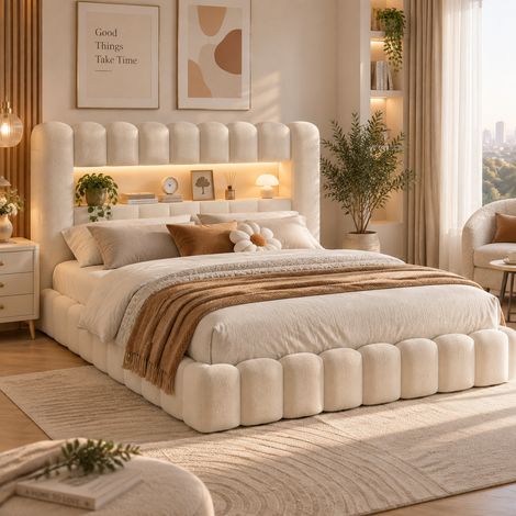 Lit double rembourré 180 x 200 avec sommier à lattes - Lit adulte avec bande lumineuse LED réglable - Tête de Lit à Rayures - Ports USB et Type-C - Lin Beige (1/5)