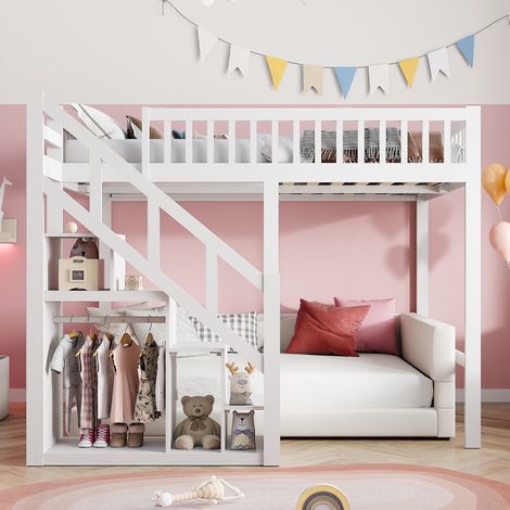 BSMGSGN-Lit Superposé Enfant 140x200 cm Cadre de Lit Mezzanine avec Escalier de Rangement, Barrière de Sécurité, Sommier à Lattes, Lit Cabane Multifonction pour Garçon et Fille, Structure en Bois, san (1/5)