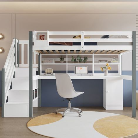 Lit Mezzanine-Avec Bureau et Casiers-Étagère Ouverte-Boîte Tissu-Échelle-Pin MDF-Blanc et Gris-95,5x253,5x160cm-Sans Matelas (1/5)