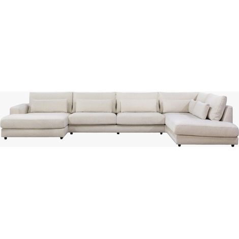 Mobilier Deco – Canapé panoramique 5 places en tissu beige – Méridienne gauche – Confort optimal – Design moderne et élégant