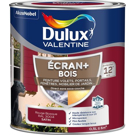 ECRAN+ BOIS - Peinture satinée pour bois extérieur - Volets, portes, fenêtres, portails - Rouge Basque 0,5 L - Dulux Valentine