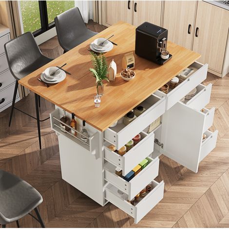 Îlot de cuisine 122x74,5x91,5 cm avec tablette rabattable, 8 tiroirs, MDF blanc, pour cuisine et salle à manger (1/5)