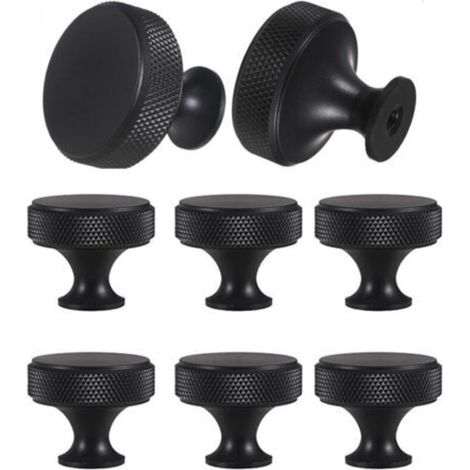 Set di 8 pomelli per cassetti a foro singolo, neri opachi, in metallo zigrinato, per cassetti, armadi, comò e guardaroba (neri) (1/4)