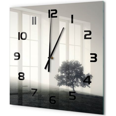 Grande Horloge Murale Carrée Objet Décoratif en Verre Silencieuse pour Salon Arbre solitaire 60x60 cm