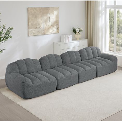 Divano modulare 4 posti a conchiglia, seduta profonda, schiuma 32D, tessuto grigio DESVIAE (1/5)