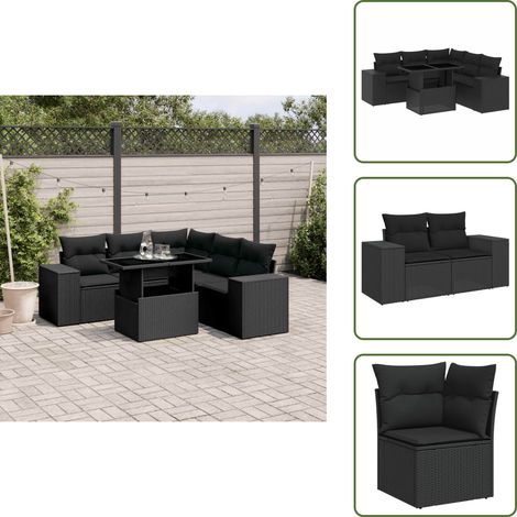 6-tlg. Garten-Sofagarnitur mit Kissen Schwarz Poly Rattan - Gartenmöbel Set - Esszimmergarnitur - Outdoor Möbel - Lounge Garnitur - Rattan Gartenmöbel (1/5)