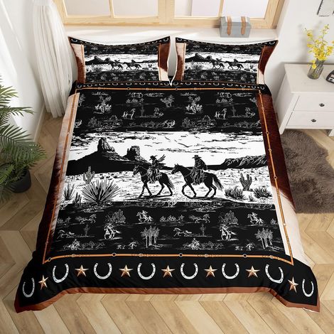Housse de Couette 220x240cm Cheval Cowboy Parure de Lit Garçon Adolescent Rural Western Decor Rustique Sauvage Ouest Bas Ensemble de literie Noir (1/5)