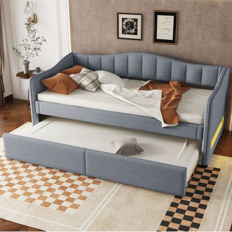 Bett Tagesbett ausziehbar 90x200 Leinen Grau OKMYHOME (1/5)