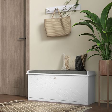 Schuhbank mit ausklappbarer Schublade, Sitzkissen und verstellbarem Ablagefach, 100 x 26 x 48 cm, weiß