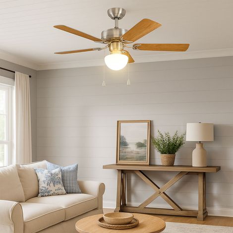 Deckenventilator Zugschalter Ventilator Vor und Rücklauf Lüfter Deckenleuchte, Flügel wendbar, Holz silber eichefarben, Metall, 1x E27 Fassungen, DxH 106,5x47 cm