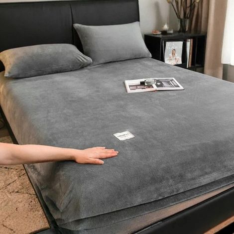 Drap Housse 150x200+26cm,Gris clair Drap de Lit en Flanelle de Laine et Velours Corail Housse de Matelas Chaleur Hivernale (1/5)