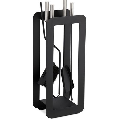 Ensemble Serviteur De Cheminée 5 Pièces Acier Accessoire PBalai Support Tisonnier, Noir (1/4)