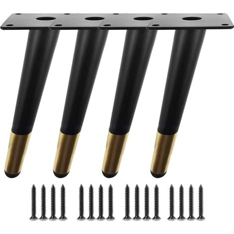 Lot de 4 pieds de meubles obliques en métal noir mat, doré, pour table basse, bureau, plan de travail, table à manger (noir doré, 25 cm) (1/5)