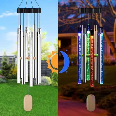 Carillon de vent de musique solaire étanche, lampe de carillon de vent de colonne de bulle de tube en aluminium, couleur variable