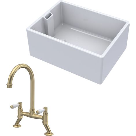 Fireclay Kitchen Bundle - 1 Bowl Belfast Sink & Bridge Lever Mixer Tap, 615mm - Brushed Brass