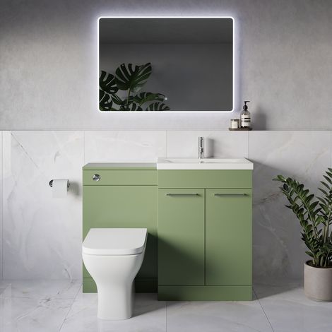 Napoli 390 Olive Green 1100mm 2 Door Vanity Unit Toilet Suite with Glide Basin - 1100mm - Chrome 160mm HandleWith Kingston Toilet Pan and Seat