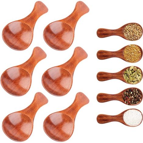 Ensemble de 6 cuillères à herbes : mini cuillères en bois, petite cuillère à sel en bois, cuillère à remuer à manche court pour petits pots de confiture, épices, etc. (1/5)
