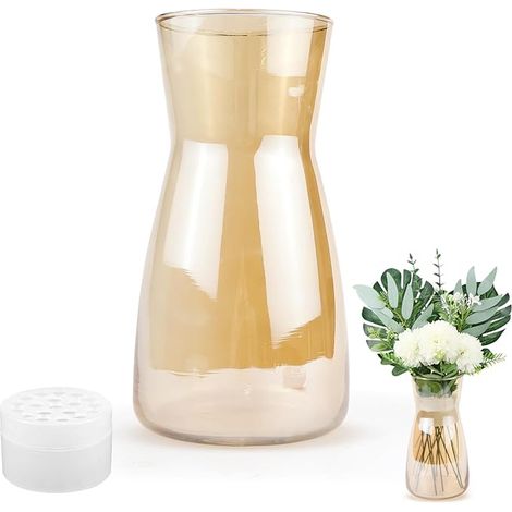 Vase en Verre Transparent Rose, Tulipe, Herbe de la Pampa, Fleurs Séchées - Décoration Mariage, Salon, Chambre à Coucher - Ambre (1/5)