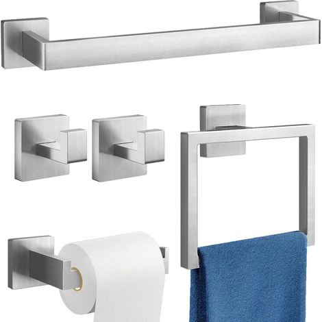 Ensemble de 5 accessoires de salle de bain, porte-serviettes mural en acier inoxydable, finition argent mat, longueur 40,64 cm (1/5)