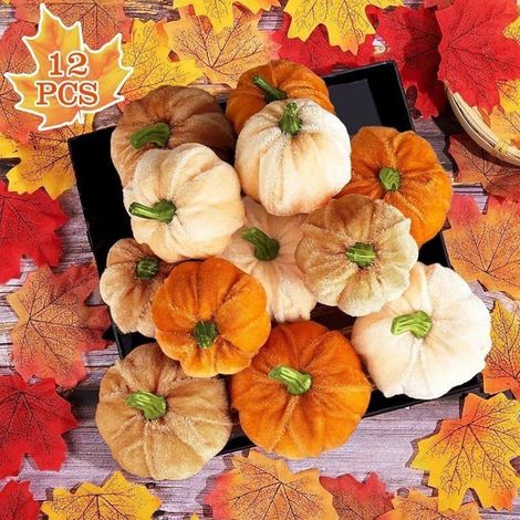 Lot de citrouilles artificielles en velours - WINLLINEE - 12 pièces - Marron - Décoration d’automne et Halloween (1/5)