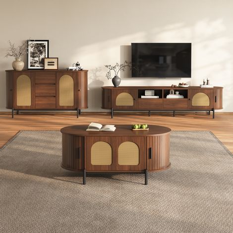 AS EASY Ensemble de salon 3 pièces, table basse, meuble TV, buffet, portes coulissantes, aspect rotin, aspect bois, pieds en métal, espace de rangement (1/5)