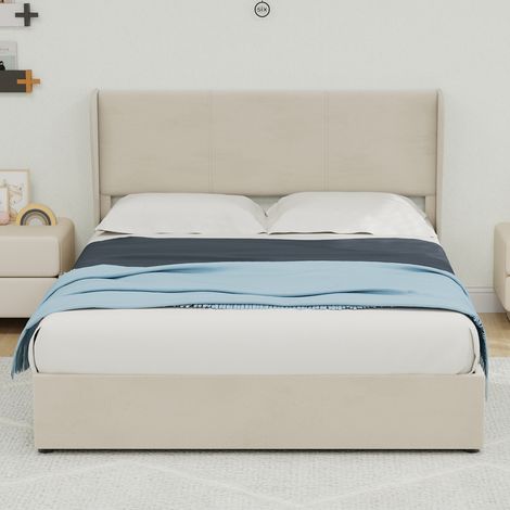 Lit minimaliste rembourré 140 x 200 cm beige, tête douce, levage gaz, grand rangement, cadre solide, design, sans matelas