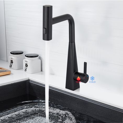 Wasserhahn KüChe Grau, Wasserfall Küchenarmatur Mit Brause Ausziehbar, Mischbatterie KüChe Mit Temperaturanzeige, 360° Drehung, Wasserfallauslauf, 3-Funktions-Ausziehbrause, Messing (1/5)