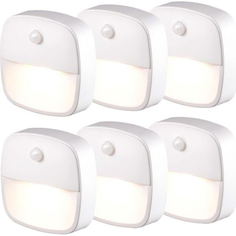 Luz nocturna LED con sensor de movimiento, juego de 6 luces nocturnas con sensor de movimiento y pilas, luz autoadhesiva para escaleras, luz de armario para pasillo y dormitorio, luz de orientación (b (1/4)