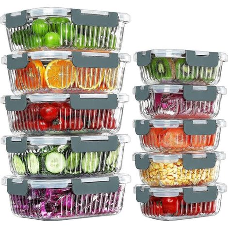 BelleRise - Lot de 10 boîtes de conservation en verre avec couvercles, hermétiques, compatibles micro-ondes, four et congélateur, grises. (1/5)