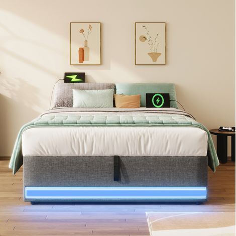 Polsterbett 90x200 mit Stauraum, LED, USB-C, Leinen OKMYHOME (1/5)
