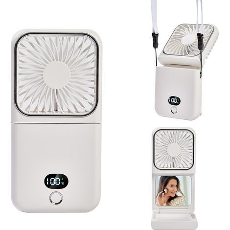 Tragbarer 6-in-1-Mini-Ventilator: Powerbank, Schminkspiegel, Telefonhalter, Taschenventilator, wiederaufladbarer USB-Ventilator, Schreibtischventilator, 5 einstellbare Geschwindigkeiten, Umhängeband ( (1/5)
