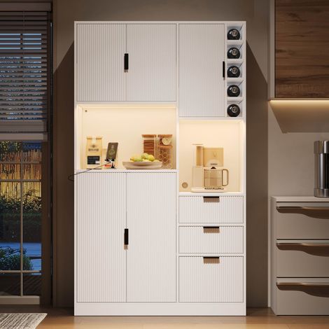 Buffet haut de cuisine 105 x 40 x 180 cm avec 3 tiroirs, casier à vin, LED multicolore 2 prises, USB/USB-C étagères réglables Blanc (1/5)