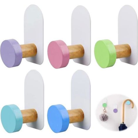 5pcs Crochets Muraux Colorés Crochets autocollants Sans Perçage Patères en Bois Enfant pour Cuisine Salle de Bain Salle de PATERE (1/4)
