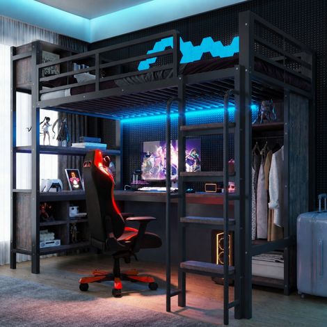 Letto a soppalco 90 x 200 cm con scrivania, armadio, ripiani, LED e prese UE, nero OKMYHOME (1/5)