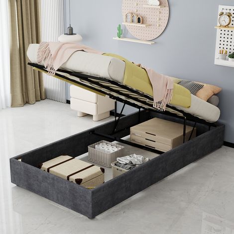 Cadre de lit style moderne et simple, 90200 cm, gris, tissu en velours hollandais, avec vérin à gaz, meuble de chambre moderne, sans tête de lit ni matelas. (1/5)