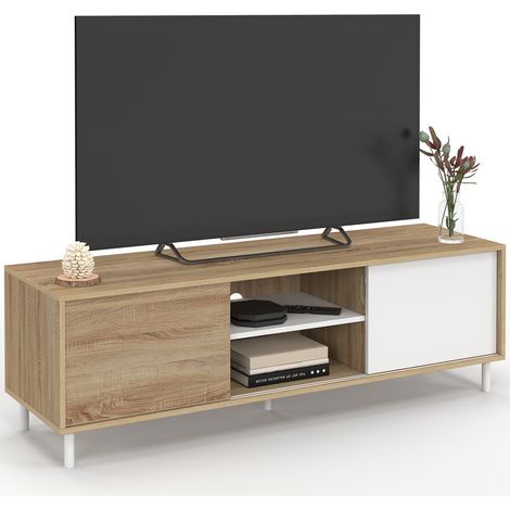 TV-Möbel 140 cm EASY Montage ohne Werkzeug 2 reversible Schiebetüren Holz-Weiß-Effekt