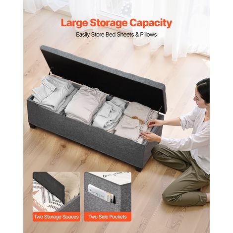 Banc de rangement en lin, coffre de rangement rembourré avec poches latérales, banquette rabattable avec cadre en métal, pouf de bo… (1/5)