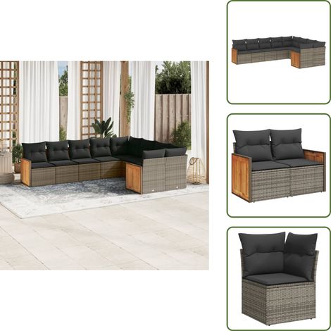 The Living Store 9-tlg. Garten-Sofagarnitur mit Kissen Grau Poly Rattan - Gartensessel (1/5)