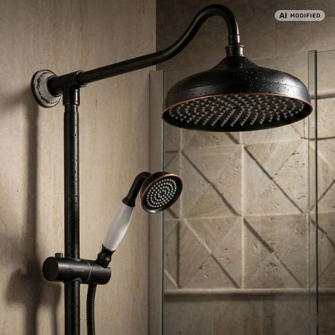 Système de douche à encastrer PaulGurkes 30 cm Douche pluie Rétro Noir Nostalgie Céramique (1/5)
