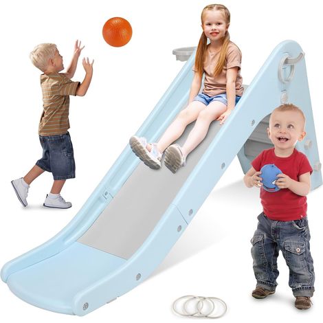 Kinderrutsche Rutsche Indoor ab 2 Jahr, 190CM Kinder Rutsche mit Basketballkorb und Zwinge, Treppenrutsche, Kunststoff Gartenrutsche, Outdoor Rutsche für Kinder Spielplatz, Blau-Grau (1/5)