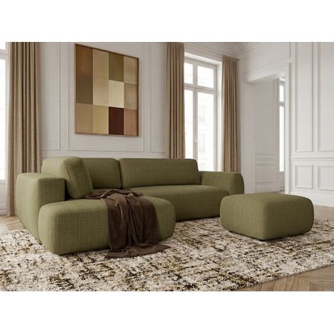 BOBOCHIC - Canapé angle L convertible coffre DENISE tissu texturé avec pouf Angle gauche Vert (1/5)