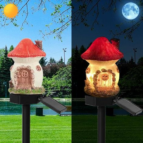 Lampe de maison champignons rouge alimentée par solaire, lampe de plancher maison champignons mignonne résine décoration jardin, Lumières sans fil au crépuscule à l'aube LED Impermeable. (1/5)