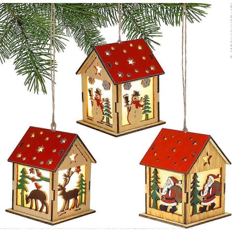Décoration de sapin de Noël en bois - 3 maisons de Noël lumineuses avec guirlande - Village de Noël lumineux - pour une fête de Noël (1/5)